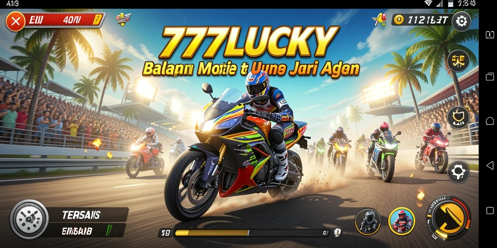 Screenshot gameplay 777LUCKY yang menampilkan aksi balapan motor yang mendebarkan.