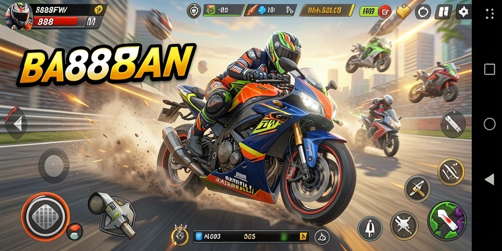 Screenshot gameplay 888FW menampilkan aksi balapan motor yang menegangkan.