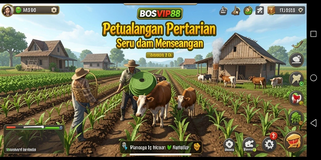 Screenshot gameplay BOSVIP88 menampilkan ladang yang subur dan hewan ternak.