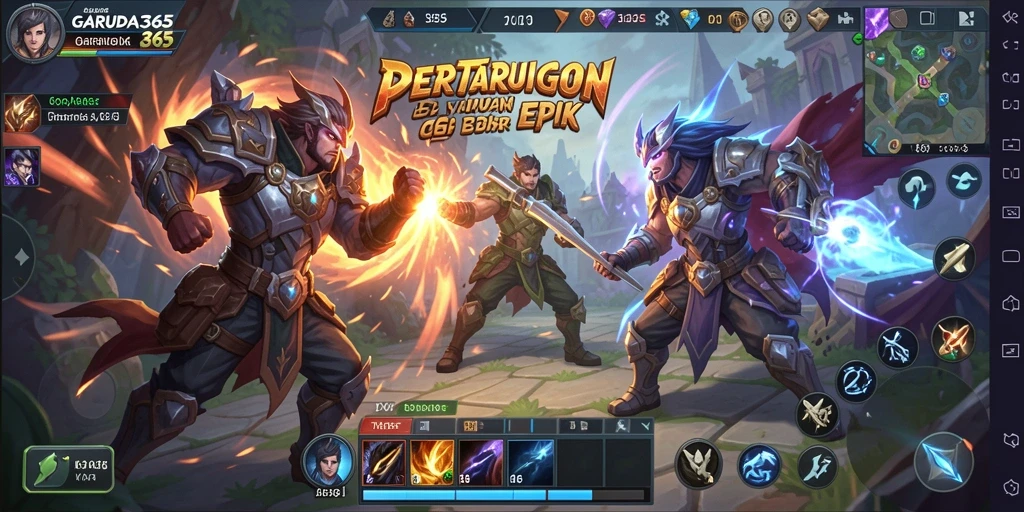 Screenshot GARUDA365 menampilkan karakter beraksi dalam pertempuran seru MOBA.