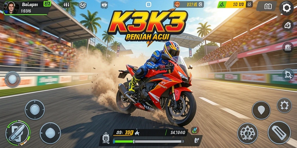 Tampilan screenshot K3K3 menampilkan aksi balapan motor yang mengasyikkan.