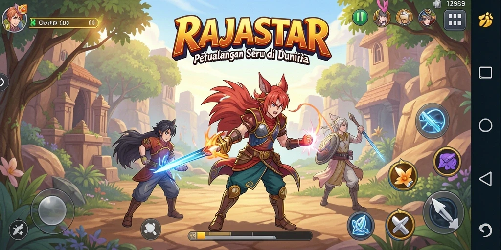 Tangkapan layar RAJASTAR menunjukkan battlefield yang epik dan karakter anime yang menawan.